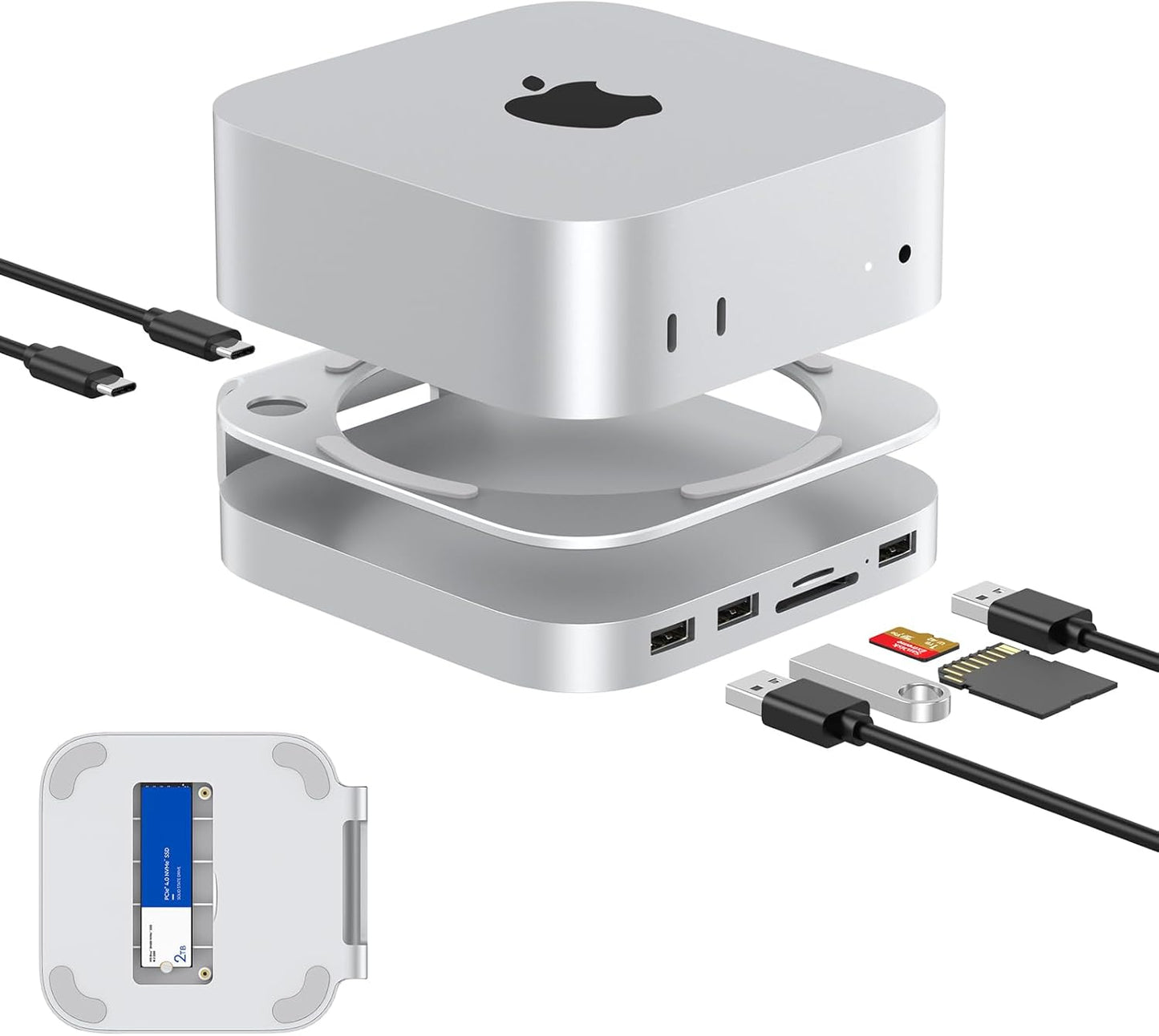 Mac Mini M4 Dock, Aluminum Mac Mini Stand and Hub for Mac Mini M4 and M4 Pro 2024 with M.2 Nvme SSD Enclosure, 2X USB-A 10Gbps, SD/TF Card Readers, USB 2.0 Data (Silver)│Accessories