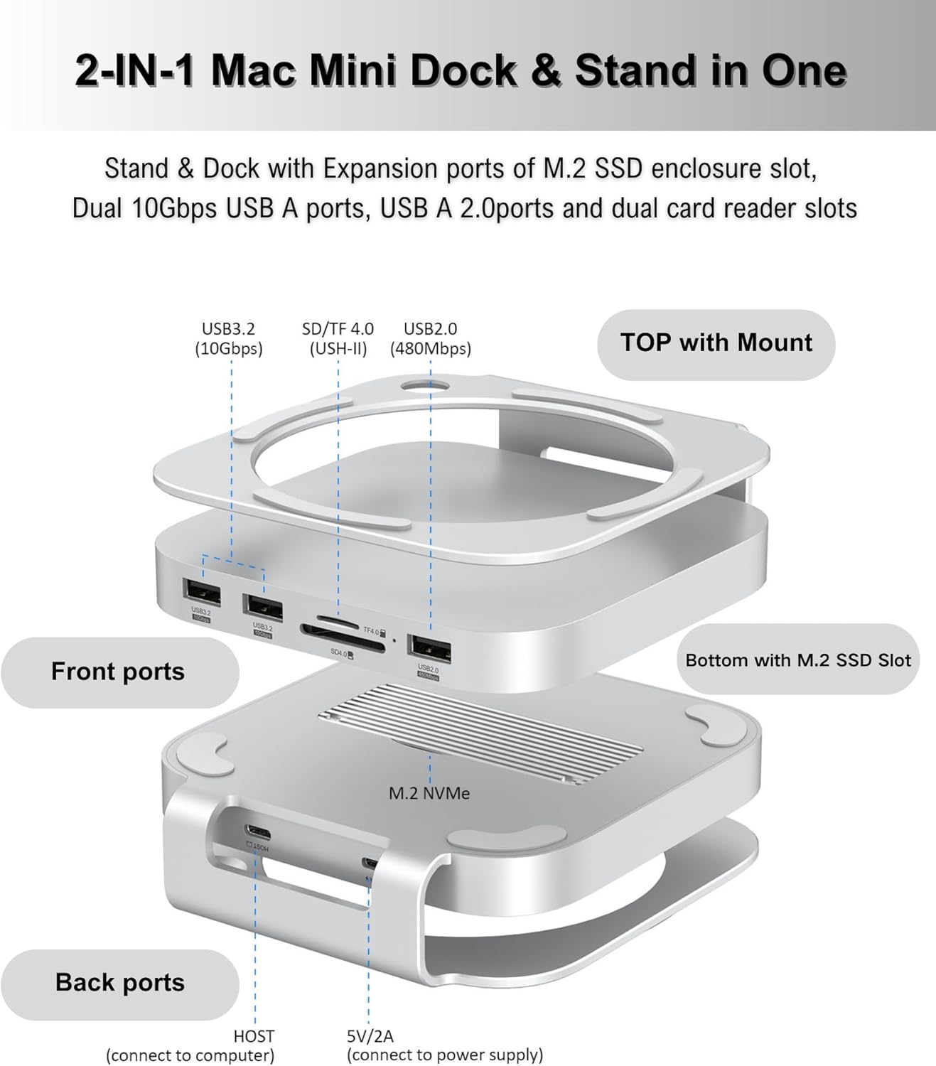 Mac Mini M4 Dock, Aluminum Mac Mini Stand and Hub for Mac Mini M4 and M4 Pro 2024 with M.2 Nvme SSD Enclosure, 2X USB-A 10Gbps, SD/TF Card Readers, USB 2.0 Data (Silver)│Accessories